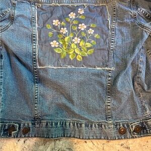 Levi Strauss Girls Blue Denim Jean Jacket with Orange and Floral Accents Large